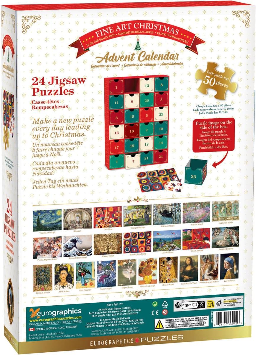 Fine Art Christmas Advent Calendar – 24 x 50-Piece Mini Jigsaw Puzzles, Classic Artwork, Premium Blue Board, Ages 12+