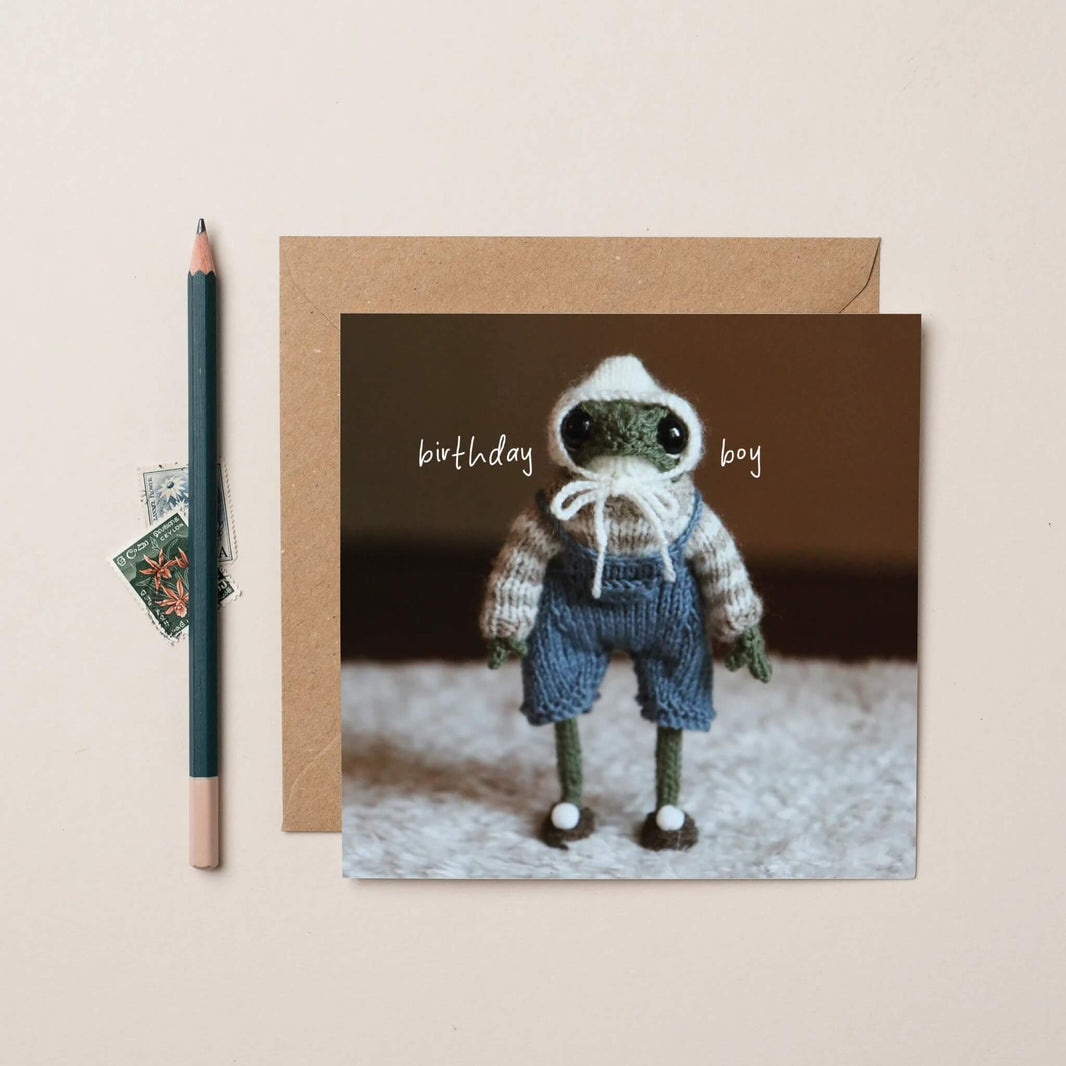 Funny Birthday Boy Card Heknitt Knitted Frog