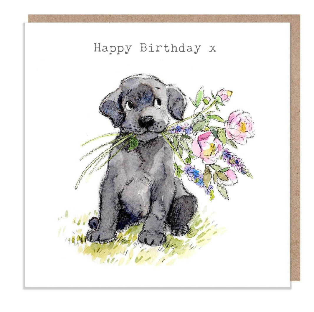 Black Labrador with Flowers Happy Birthday Card - House of Cards