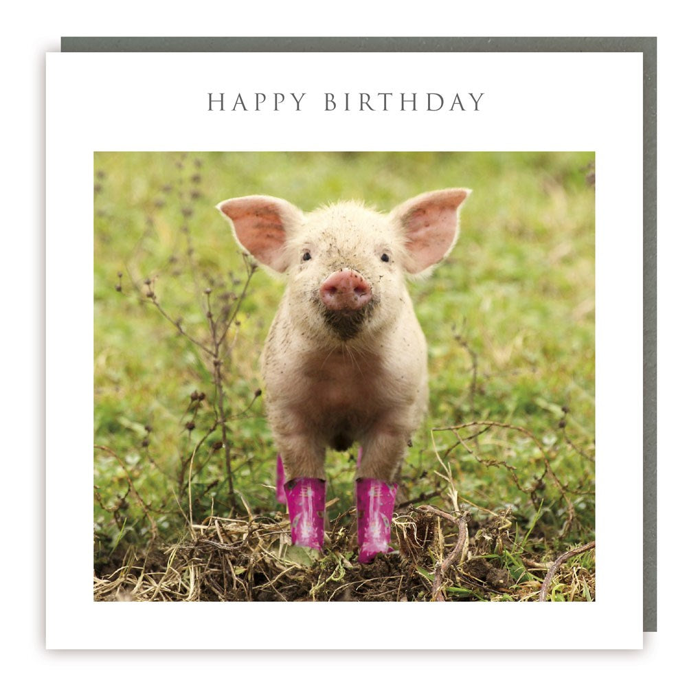Pig In Wellies Happy Birthday Card