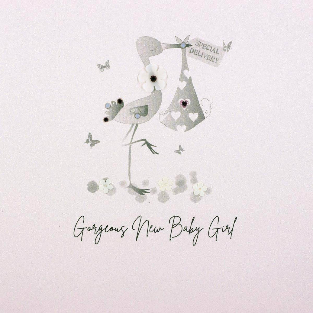 Stork Gorgeous New Baby Girl Card - House of Cards