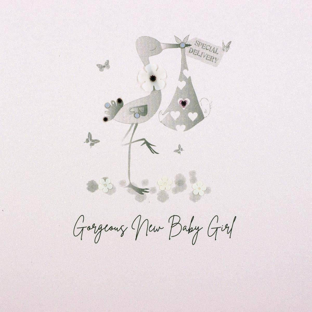 Stork Gorgeous New Baby Girl Card - House of Cards