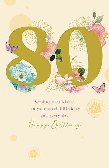 Illustrated 80th Floral Birthday Card - House of Cards