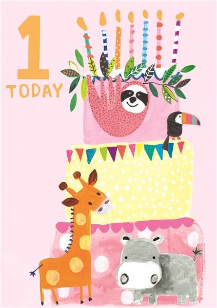 1st Birthday Card Pink Animal Cake - House of Cards