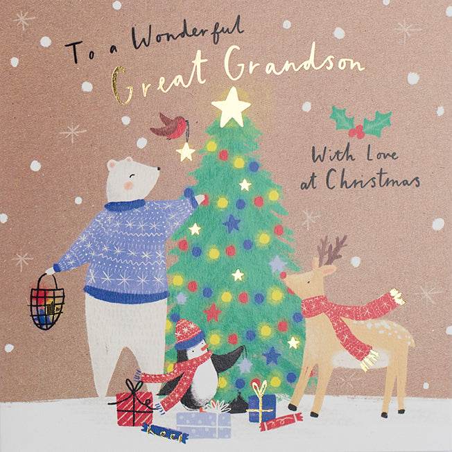 Festive Animals Great Grandson Christmas Card - House of Cards