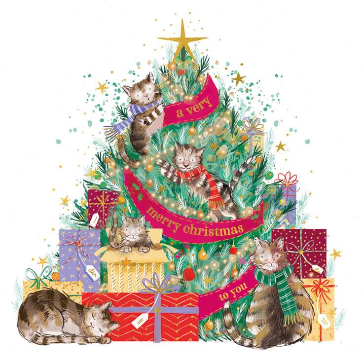 Pack of 6 Tree Cats Charity Christmas Cards - House of Cards