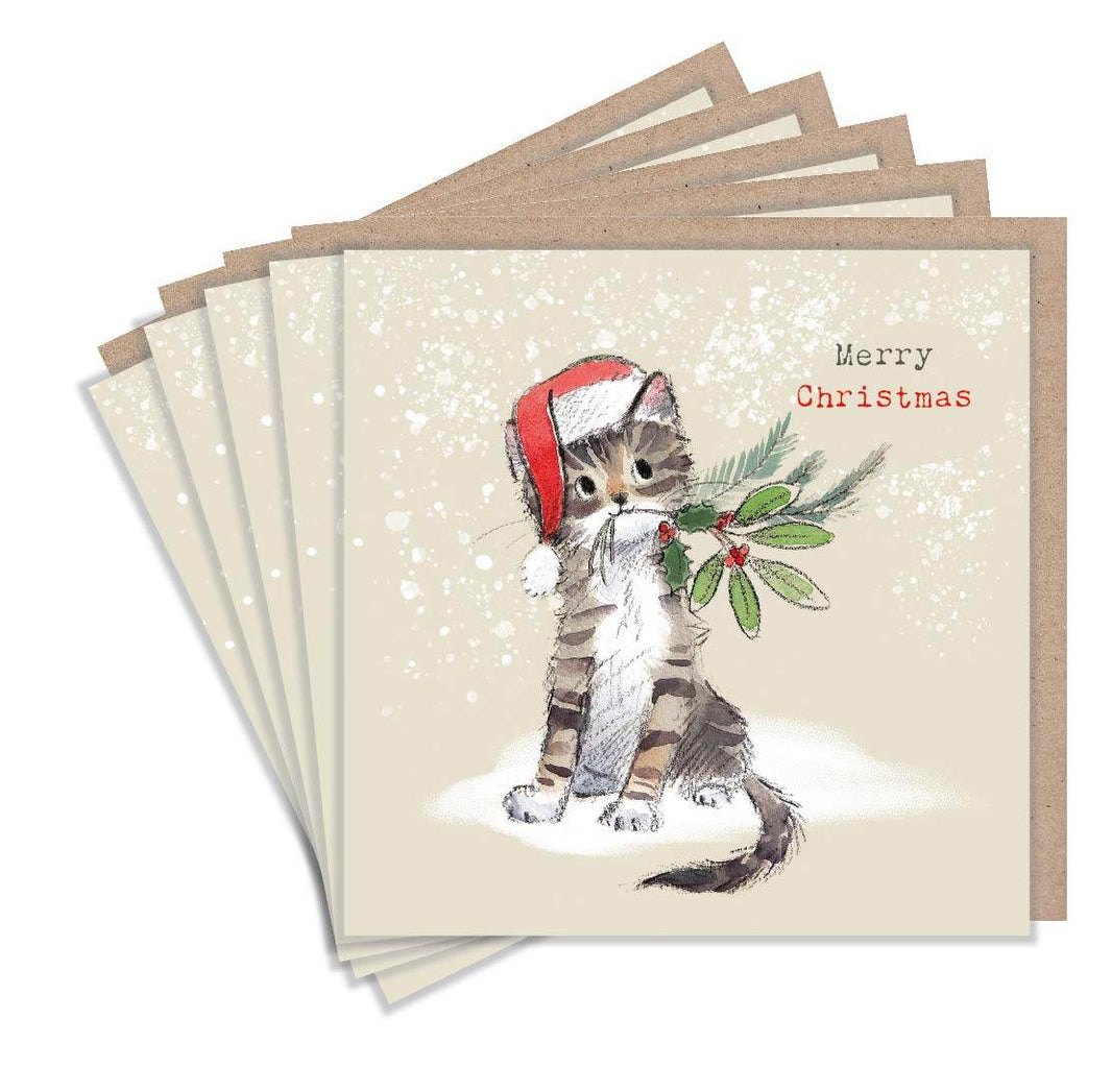 Pack of 5 Festive Tabby Kitten Christmas Cards - House of Cards