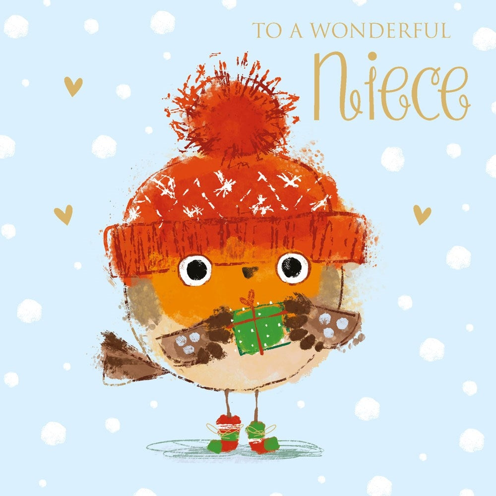 Niece Robin in Bobble Hat Christmas Card
