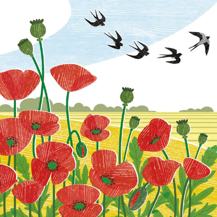 Poppy Field and Swallows Greeting Card