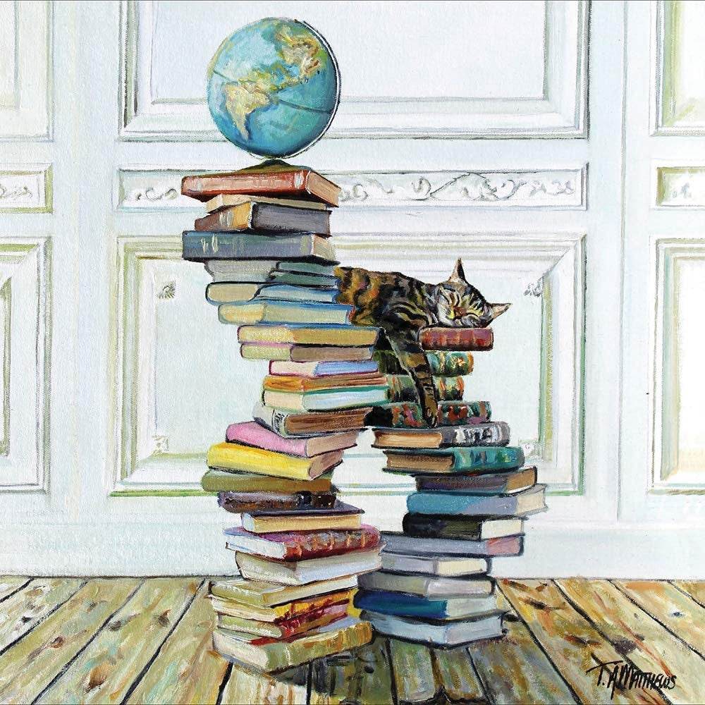 Sleeping Cat Book Pile Blank Greeting Card - House of Cards