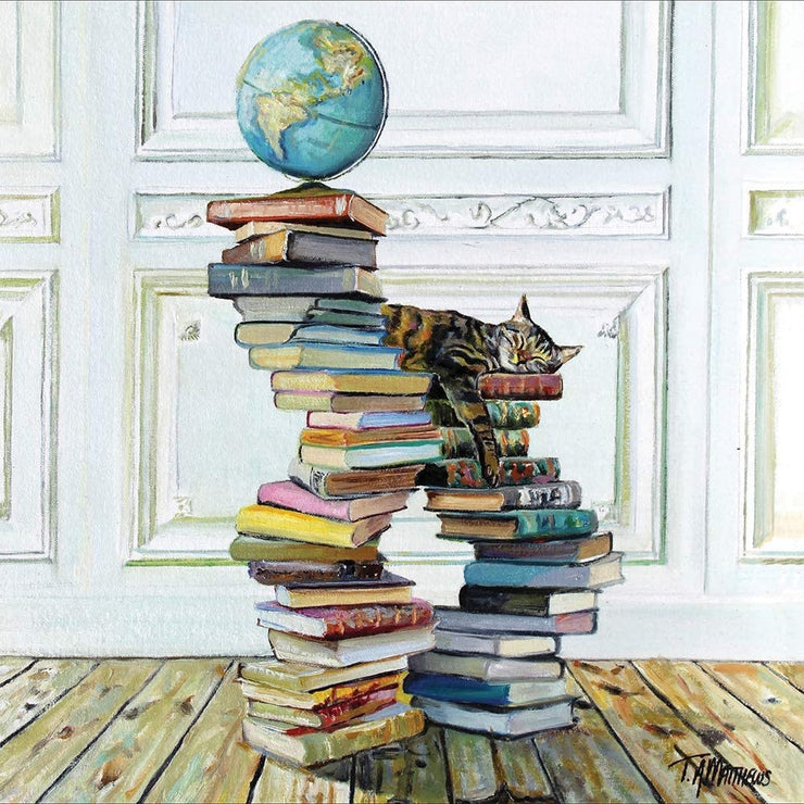 Sleeping Cat Book Pile Blank Greeting Card
