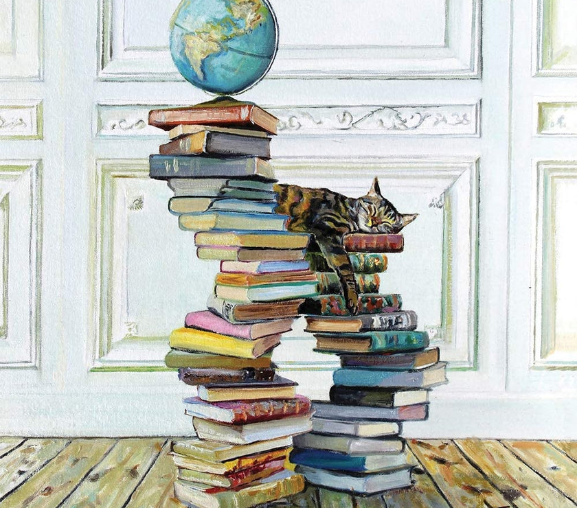 Sleeping Cat Book Pile Blank Greeting Card