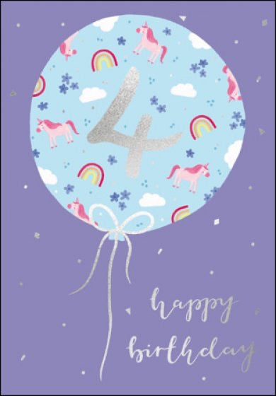 Rainbow and Unicorn Balloon 4th Birthday Card
