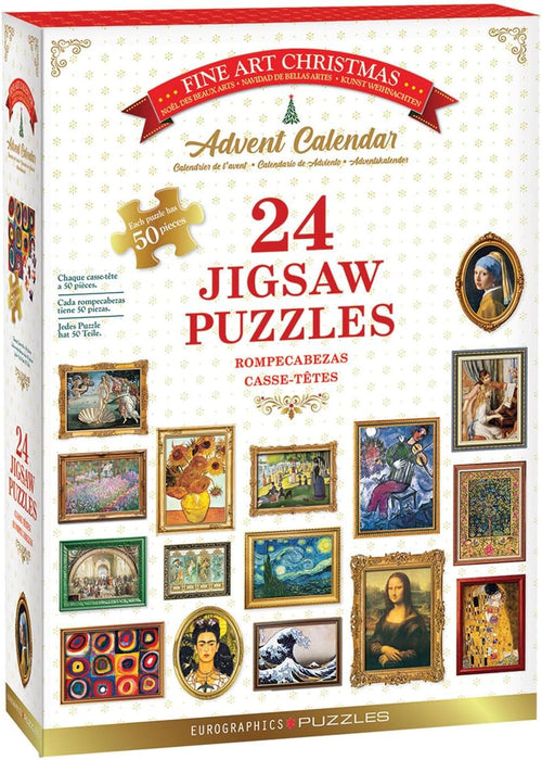 Fine Art Christmas Advent Calendar – 24 x 50-Piece Mini Jigsaw Puzzles, Classic Artwork, Premium Blue Board, Ages 12+