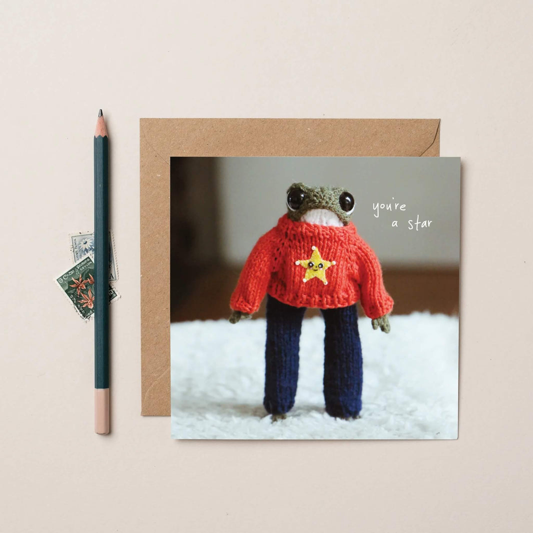Funny You're a Star Greeting Card Heknitt Knitted Frog