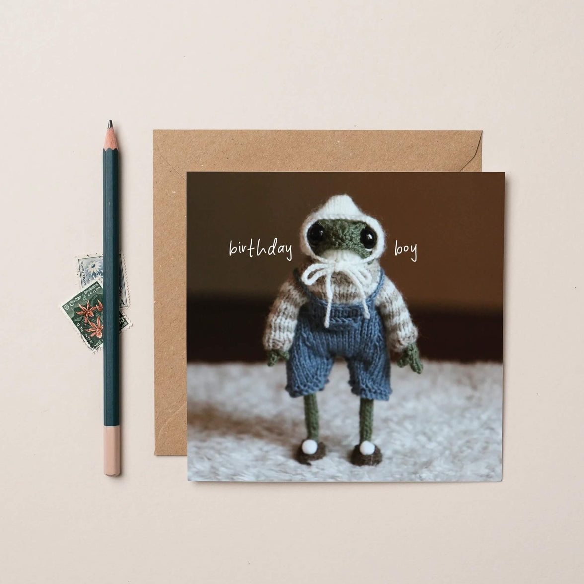 Funny Birthday Boy Card Heknitt Knitted Frog