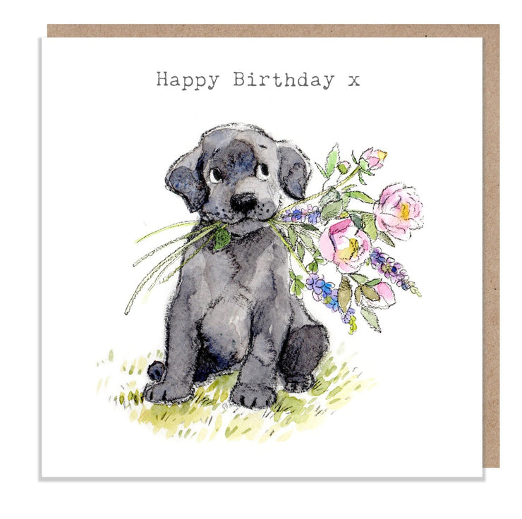Black Labrador with Flowers Happy Birthday Card