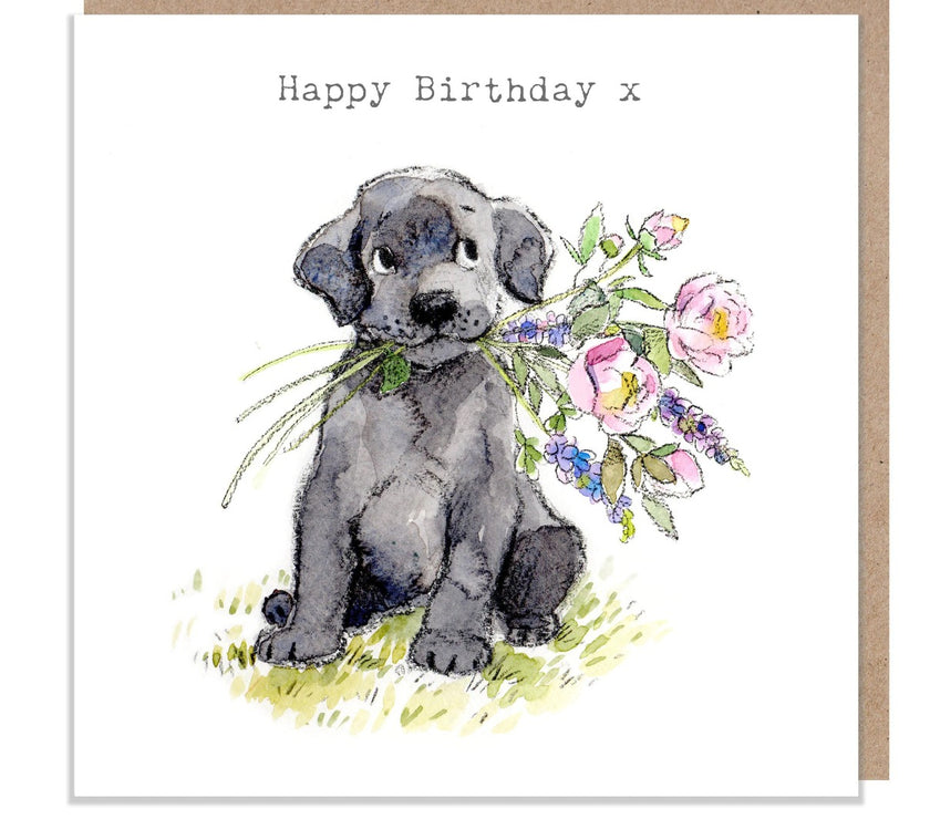 Black Labrador with Flowers Happy Birthday Card