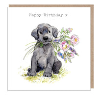 Black Labrador with Flowers Happy Birthday Card