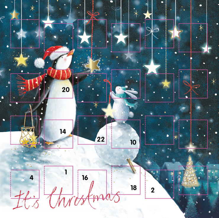 Penguin Snowball and Stars Advent Calendar Card