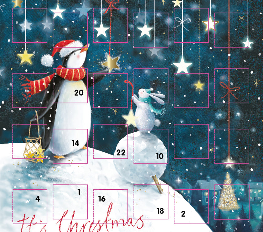 Penguin Snowball and Stars Advent Calendar Card