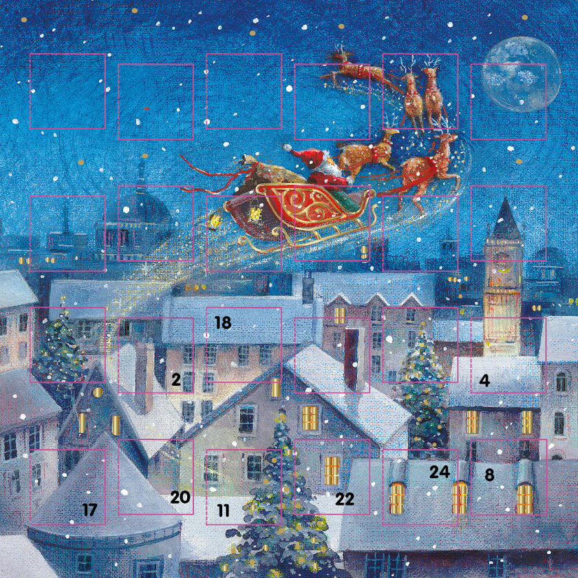 Santa Over The Town Advent Calendar Card