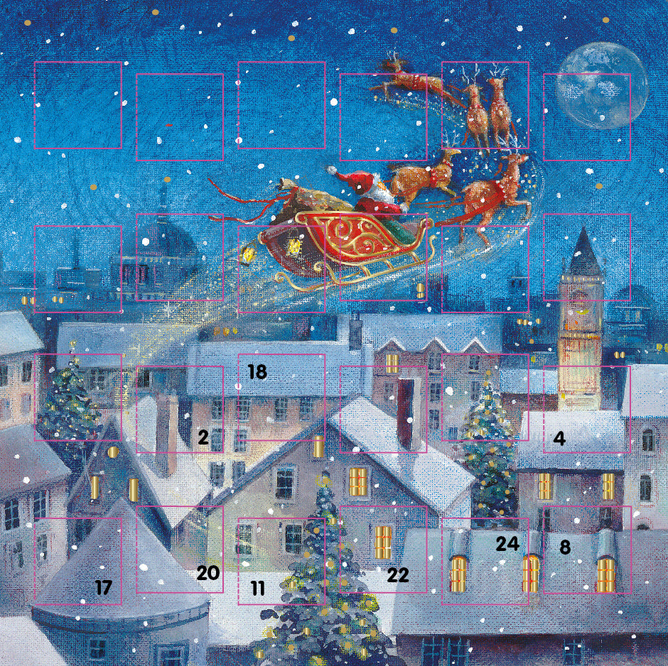 Santa Over The Town Advent Calendar Card