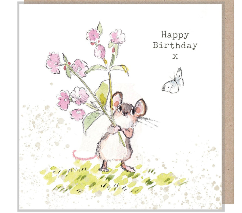 Mouse with Flowers Happy Birthday Card