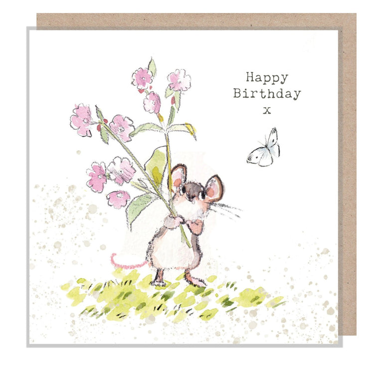 Mouse with Flowers Happy Birthday Card