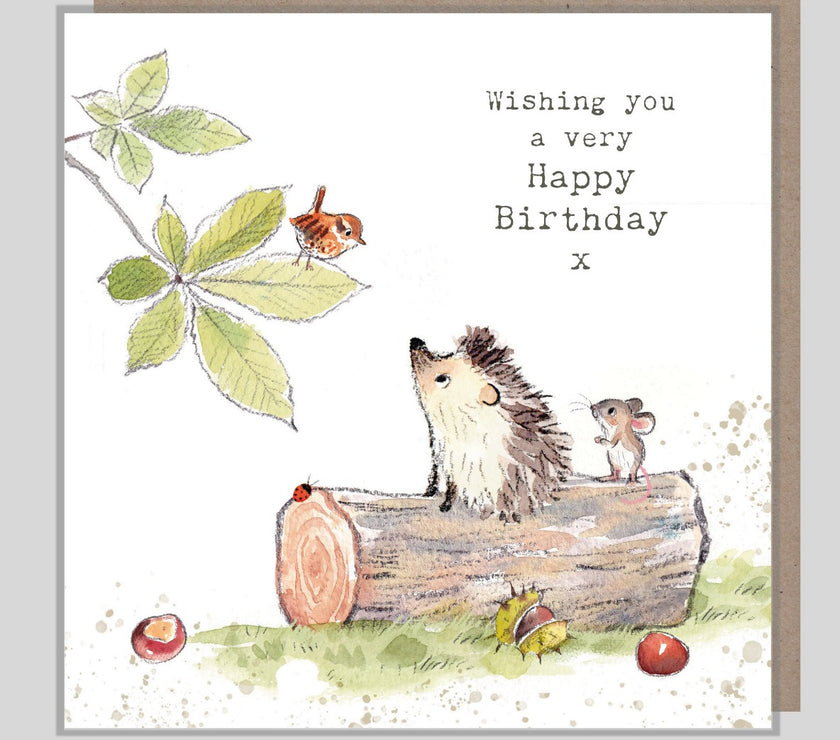 Hedgehog on Log Birthday Card