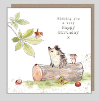Hedgehog on Log Birthday Card