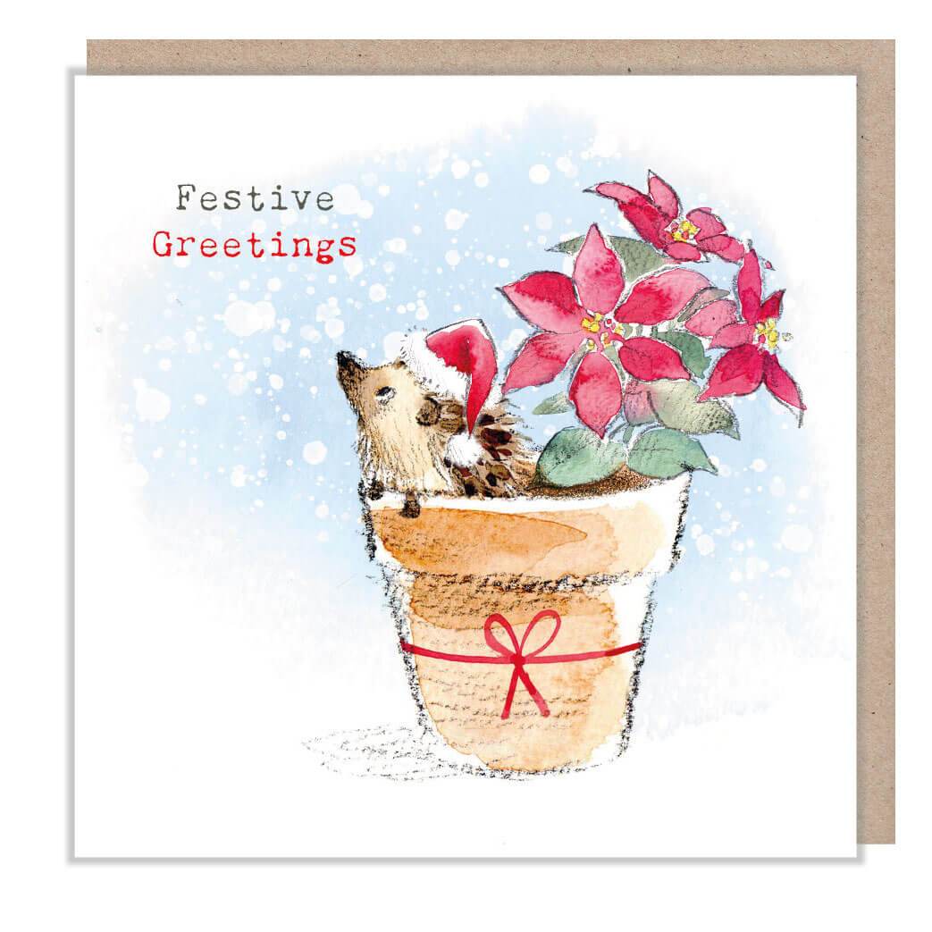 Hedgehog Poinsetta Christmas Card - House of Cards
