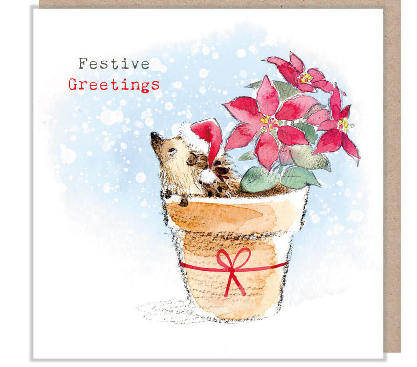 Hedgehog Poinsetta Christmas Card