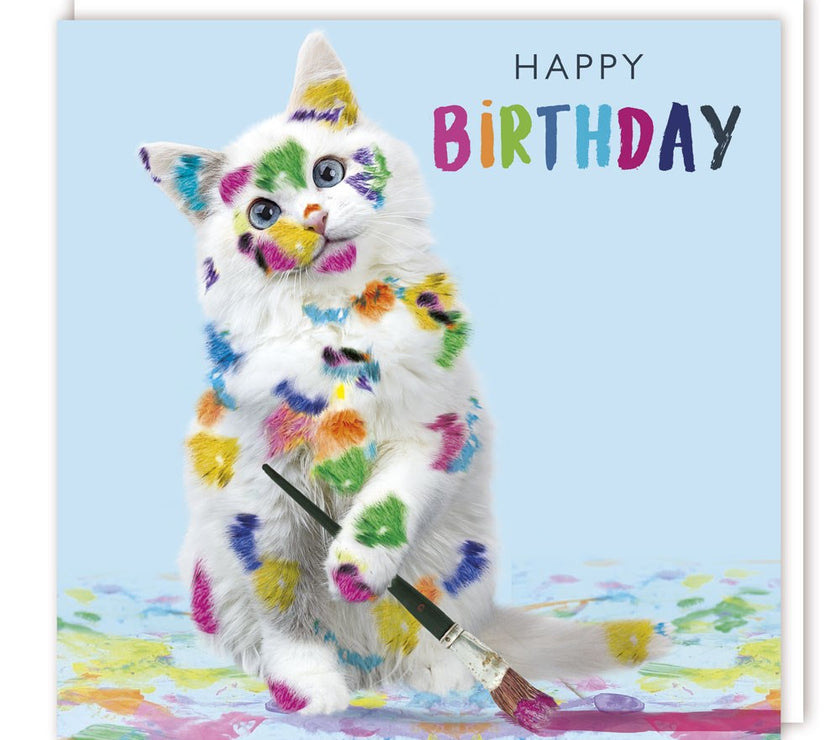 Meoow Cat and Paint Happy Birthday Card
