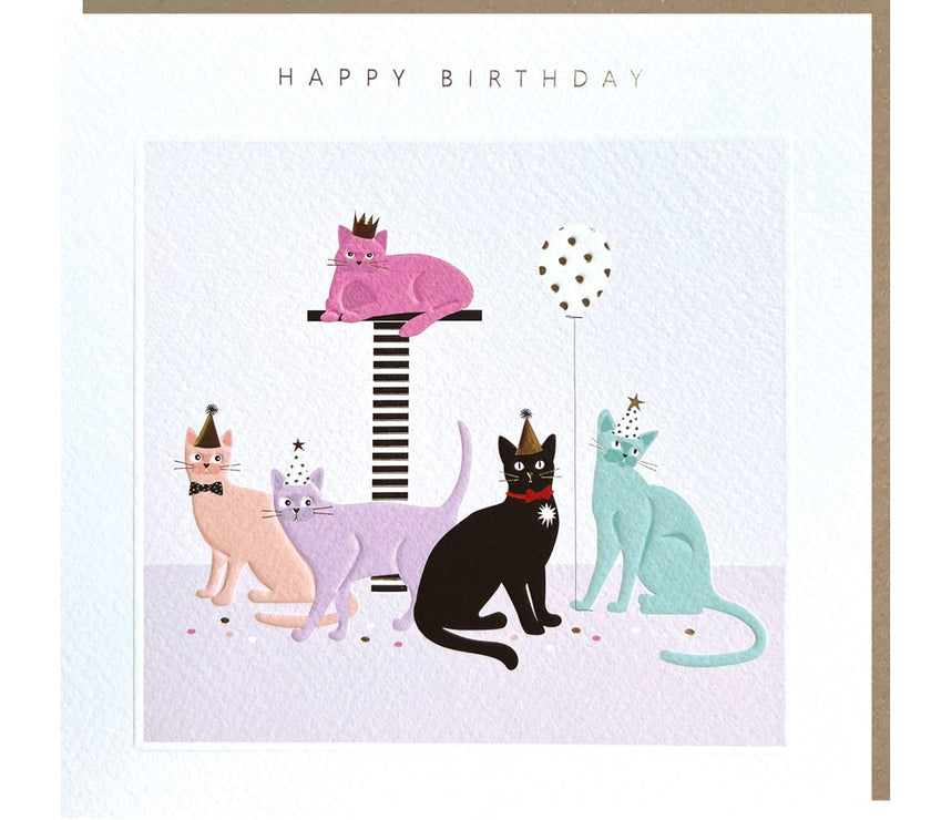 Sparkle Cats in Party Hats Happy Birthday Card
