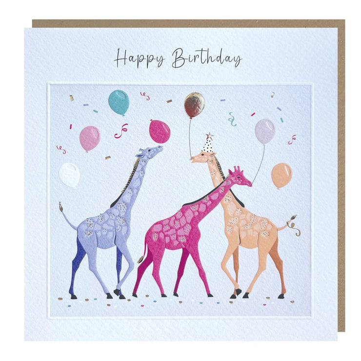 Sparkle Giraffes with Balloons Happy Birthday Card