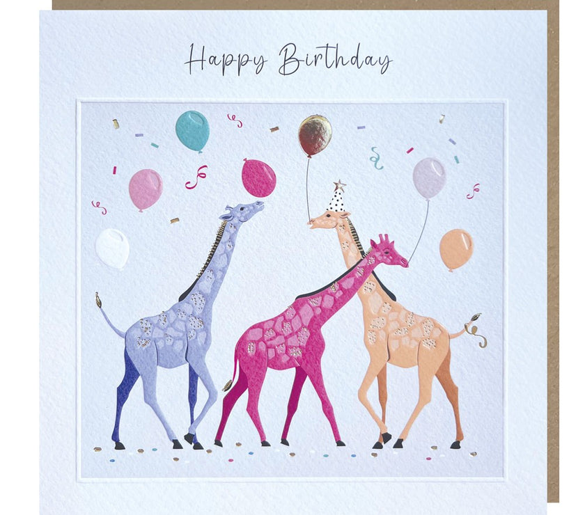 Sparkle Giraffes with Balloons Happy Birthday Card