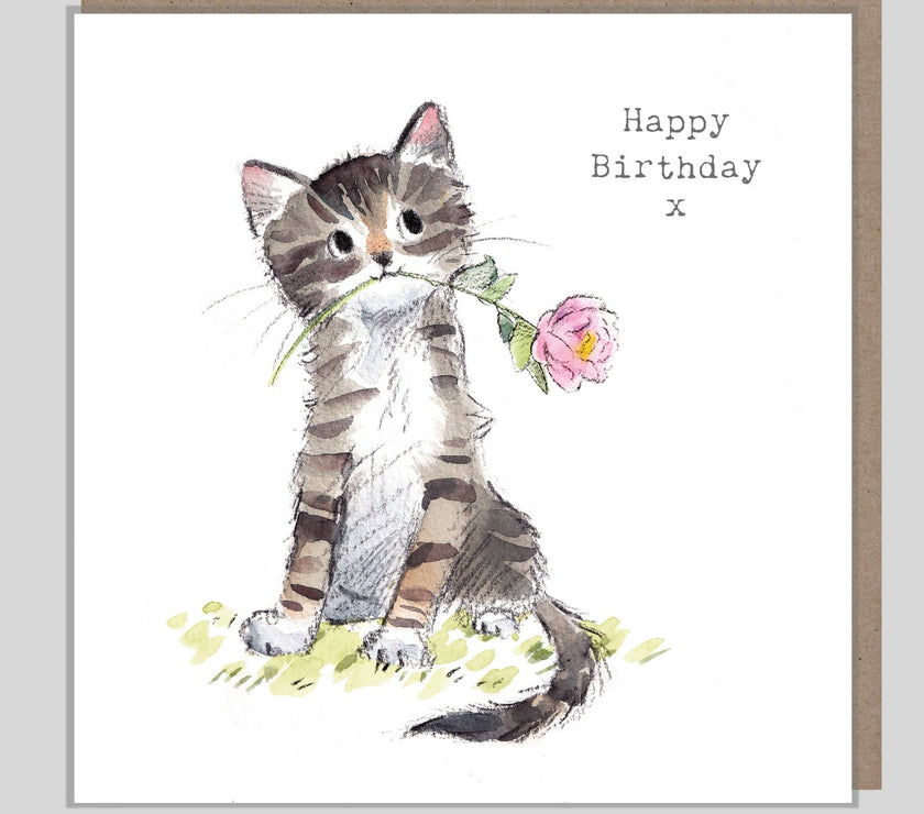 Grey Cat and Pink Flower Birthday Card
