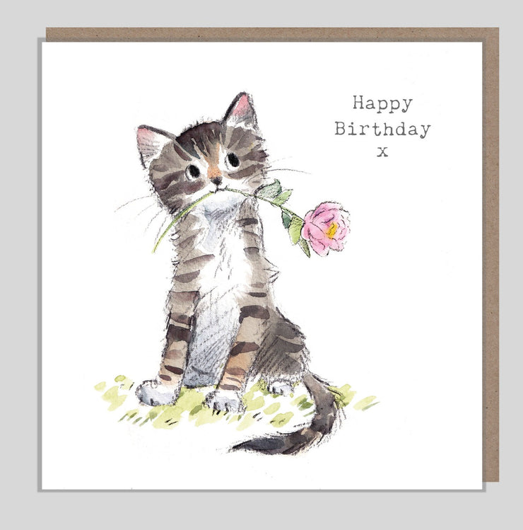 Grey Cat and Pink Flower Birthday Card
