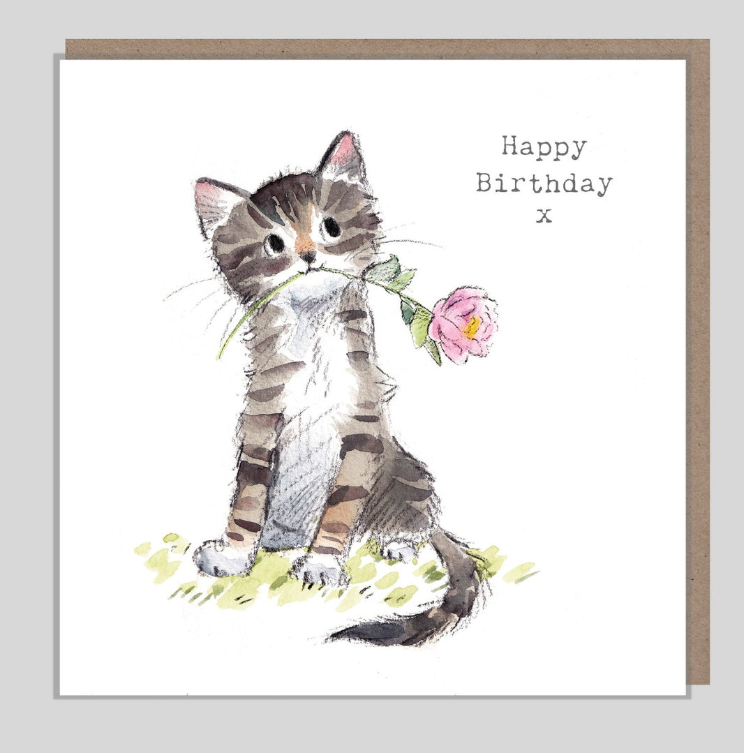 Grey Cat and Pink Flower Birthday Card