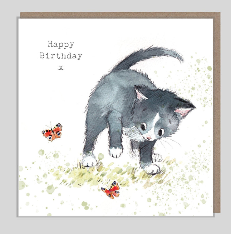 Black Cat and Butterflies Birthday Card