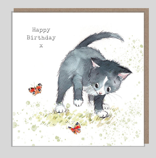 Black Cat and Butterflies Birthday Card