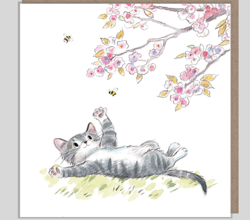 Cat with Blossom Birthday Wishes Card