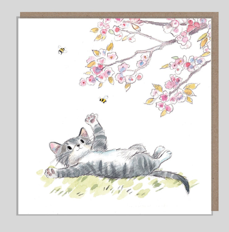 Cat with Blossom Birthday Wishes Card