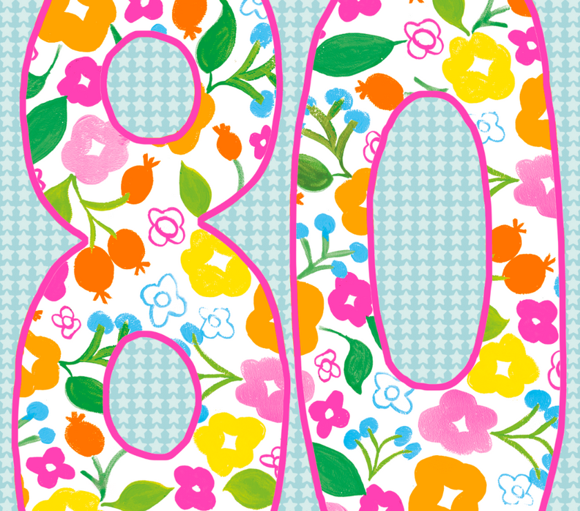 Floral Bright Neon80th Birthday Card