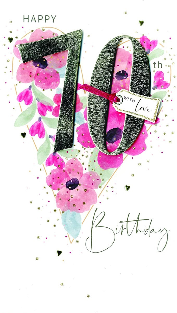 Hand Decorated Floral Heart 70th Birthday Card
