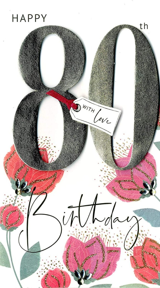 Hand Decorated Champagne Happy 80th Birthday Card