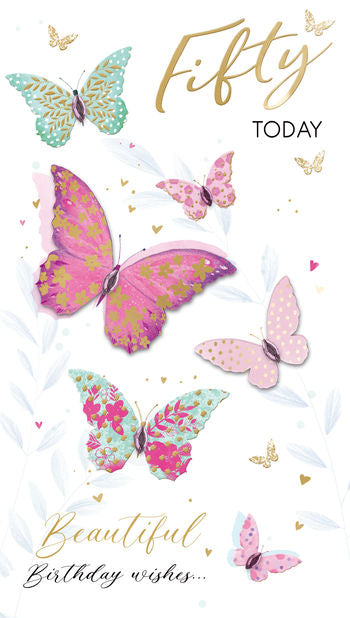 Champagne Butterflies 50th Birthday Card
