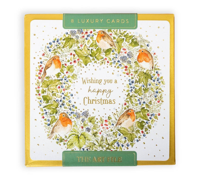 8 Luxury Robin Wreath Boxed Christmas Cards - House of Cards