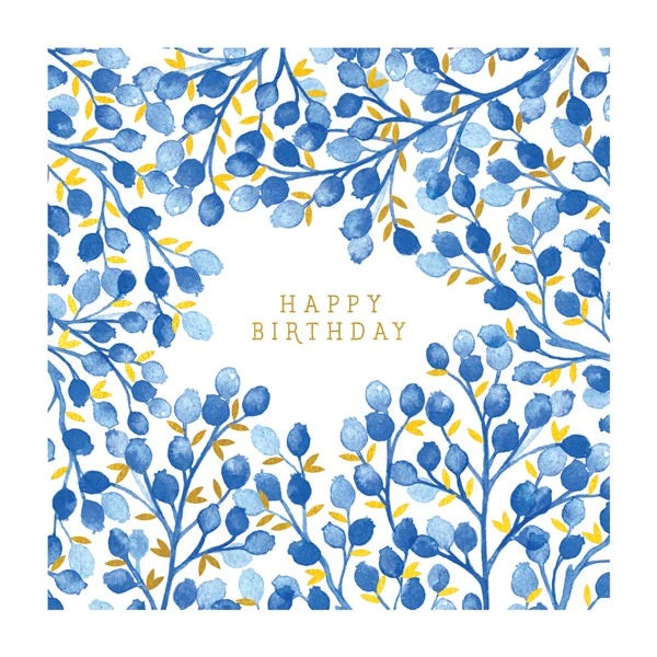 Blue Foliage Happy Birthday Card